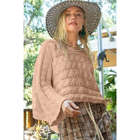 POL Tops - POL Crop Sweater L Boat Neck Oversize Lightweight Open Knit Minimalist Neutral